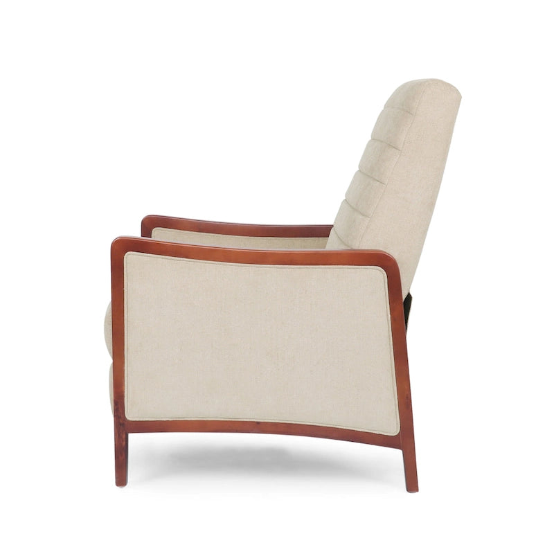 Fauteuil inclinable à dossier basculant avec surpiqûres, tissu, bleu marine/sable/gris avec cadre en noyer, 1 place