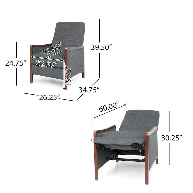 Fauteuil inclinable à dossier basculant avec surpiqûres, tissu, bleu marine/sable/gris avec cadre en noyer, 1 place