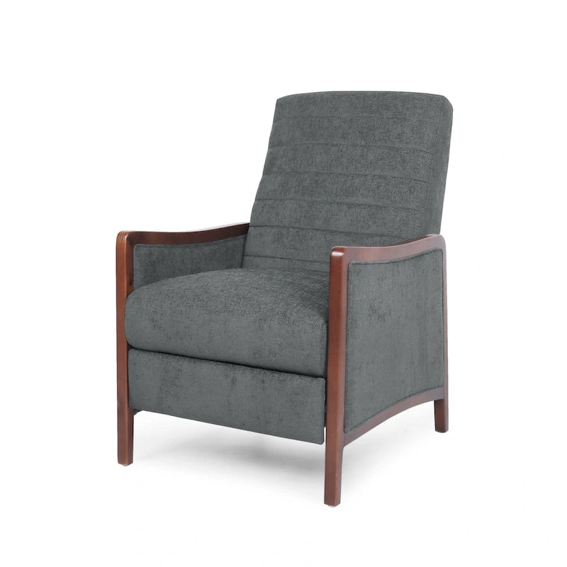Fauteuil inclinable à dossier basculant avec surpiqûres, tissu, bleu marine/sable/gris avec cadre en noyer, 1 place