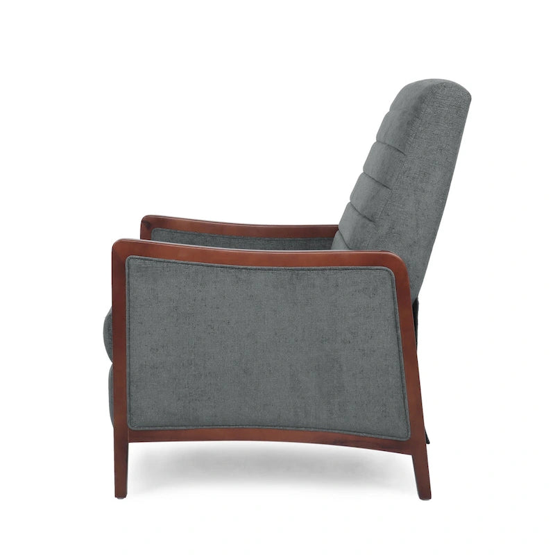 Fauteuil inclinable à dossier basculant avec surpiqûres, tissu, bleu marine/sable/gris avec cadre en noyer, 1 place