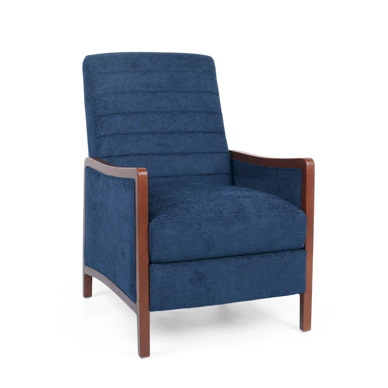 Fauteuil inclinable à dossier basculant avec surpiqûres, tissu, bleu marine/sable/gris avec cadre en noyer, 1 place