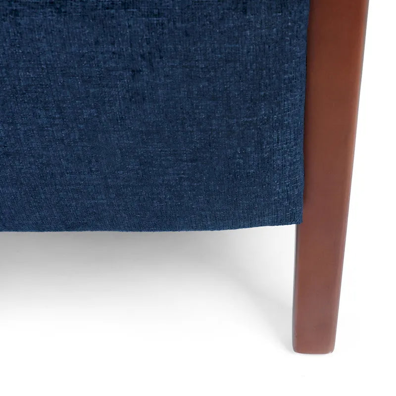 Fauteuil inclinable à dossier basculant avec surpiqûres, tissu, bleu marine/sable/gris avec cadre en noyer, 1 place