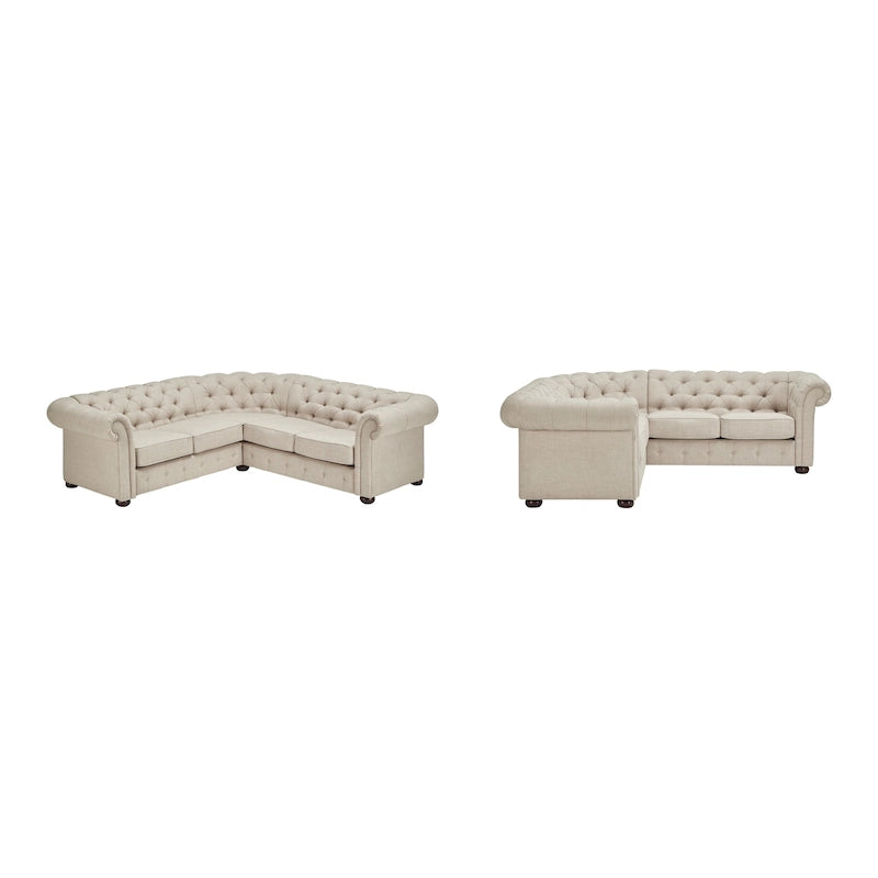 Canapé d'angle Chesterfield 5 places | Velours / Lin / Cuir reconstitué