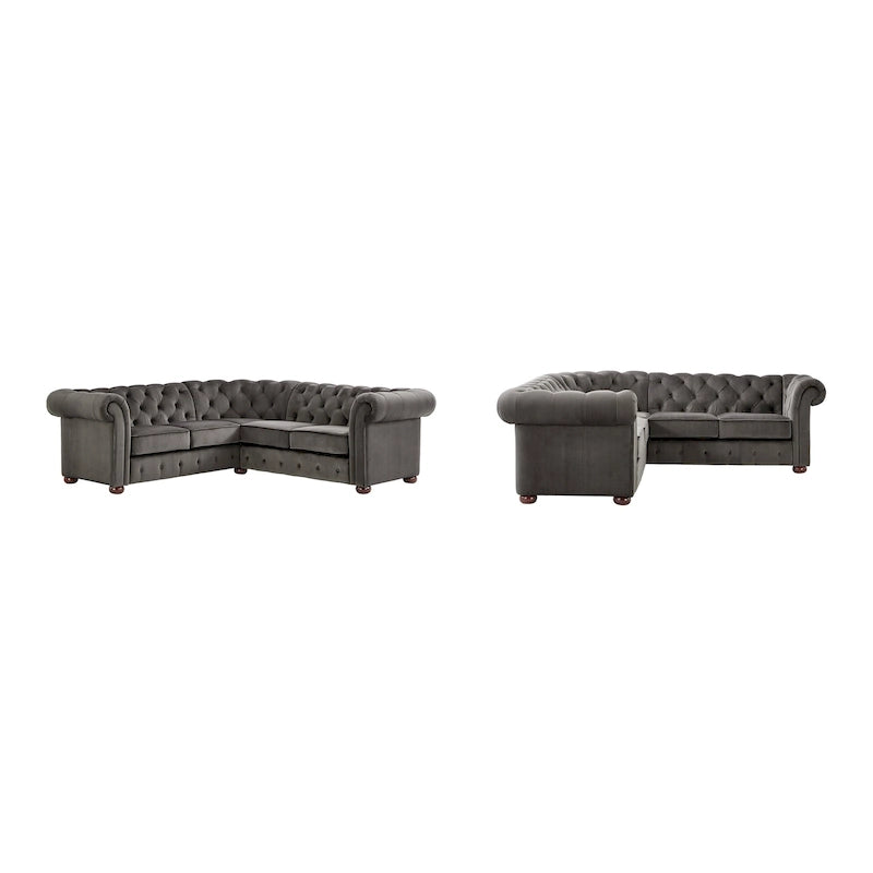 Canapé d'angle Chesterfield 5 places | Velours / Lin / Cuir reconstitué
