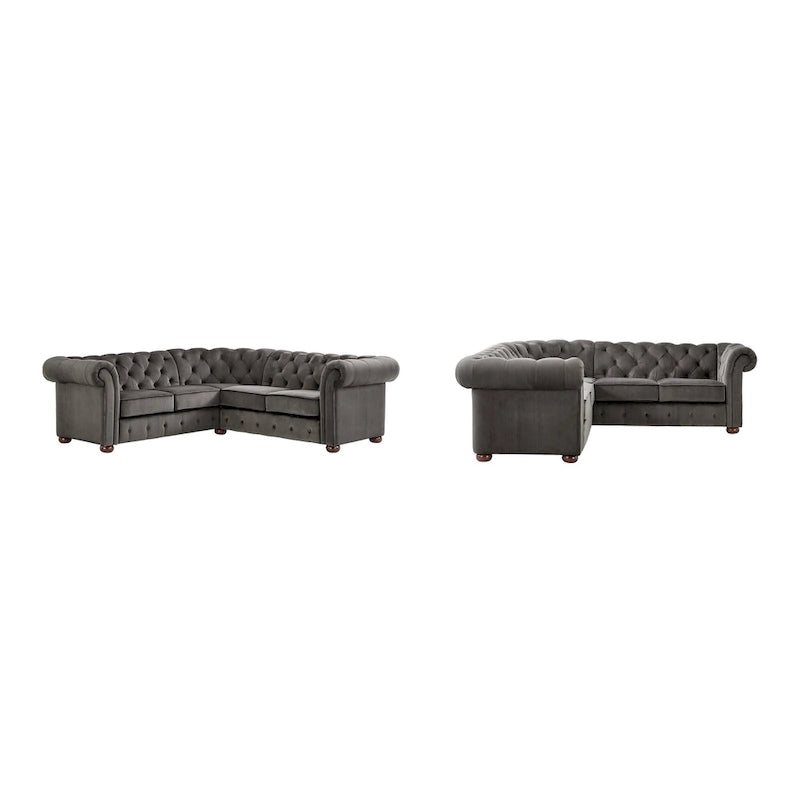 Canapé d'angle Chesterfield 5 places | Velours / Lin / Cuir reconstitué