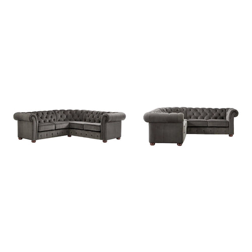 Canapé d'angle Chesterfield 5 places | Velours / Lin / Cuir reconstitué