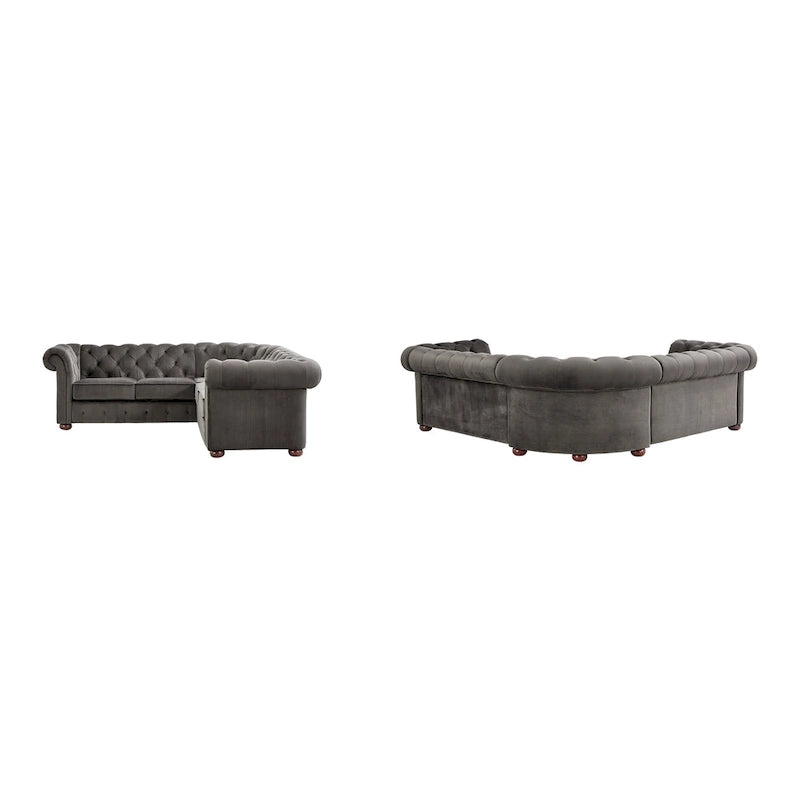 Canapé d'angle Chesterfield 5 places | Velours / Lin / Cuir reconstitué