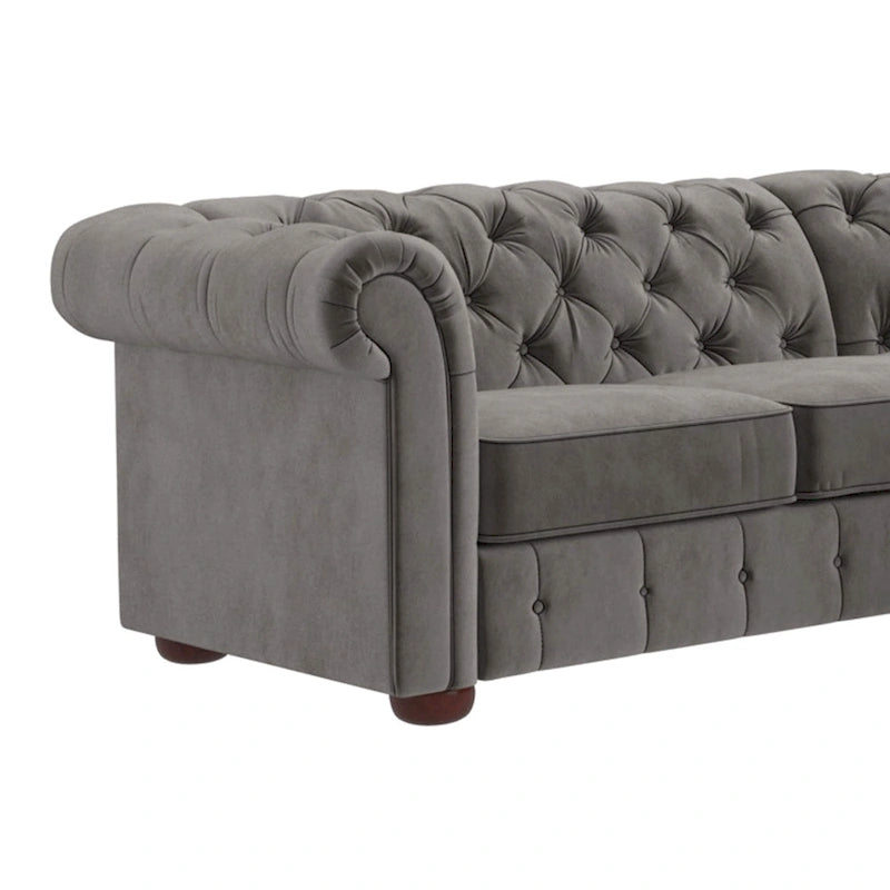 Canapé d'angle Chesterfield 5 places | Velours / Lin / Cuir reconstitué