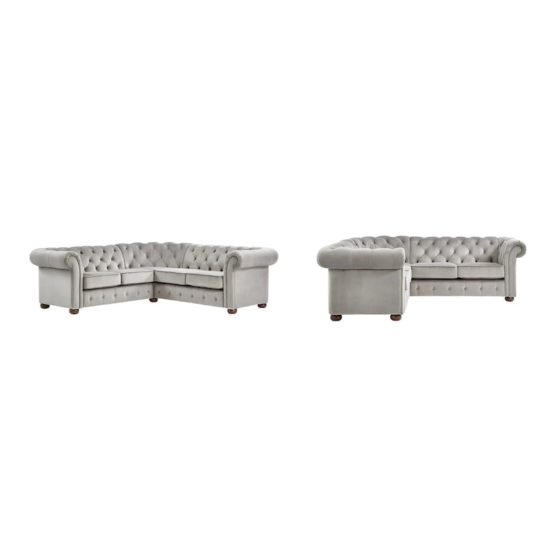 Canapé d'angle Chesterfield 5 places | Velours / Lin / Cuir reconstitué