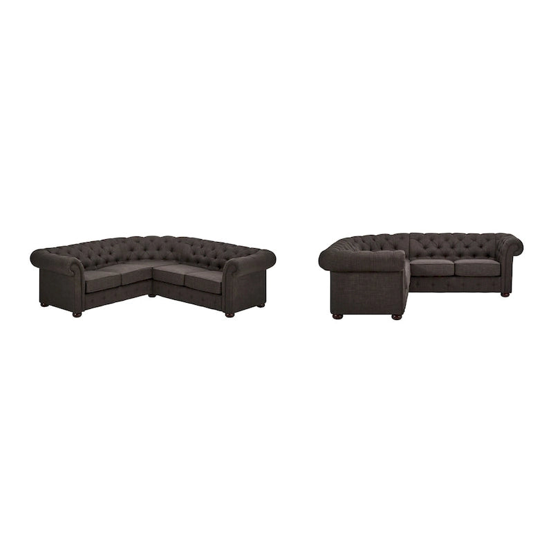 Canapé d'angle Chesterfield 5 places | Velours / Lin / Cuir reconstitué