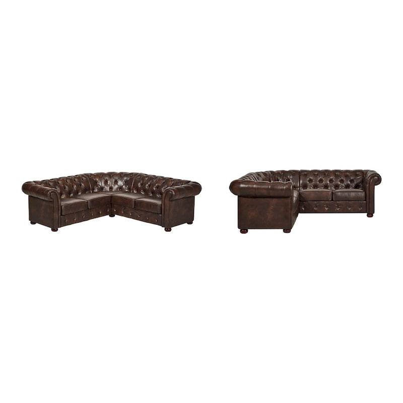 Canapé d'angle Chesterfield 5 places | Velours / Lin / Cuir reconstitué