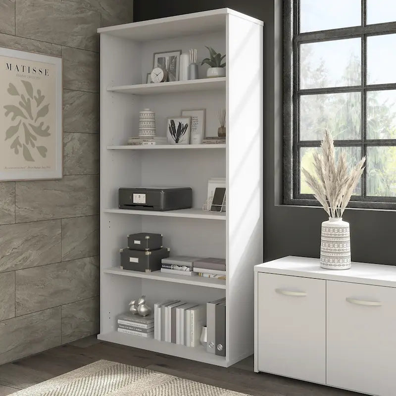 Bibliothèque haute à 5 étagères, hickory moderne/gris platine/noyer noir/gris orage/blanc, 1 personne