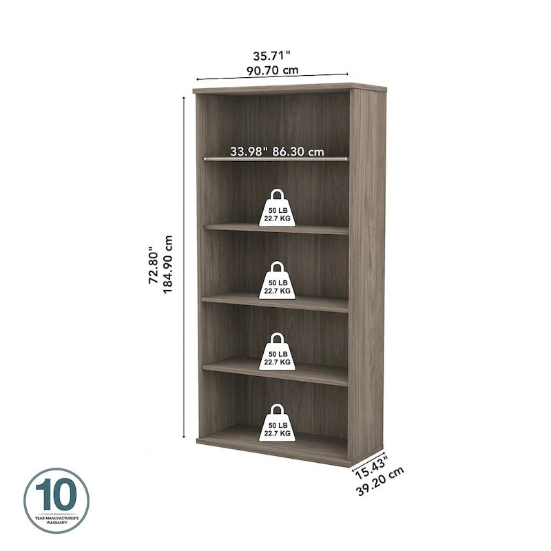 Bibliothèque haute à 5 étagères, hickory moderne/gris platine/noyer noir/gris orage/blanc, 1 personne
