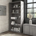 Bibliothèque haute à 5 étagères, hickory moderne/gris platine/noyer noir/gris orage/blanc, 1 personne
