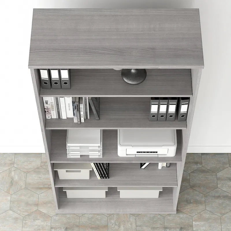 Bibliothèque haute à 5 étagères, hickory moderne/gris platine/noyer noir/gris orage/blanc, 1 personne
