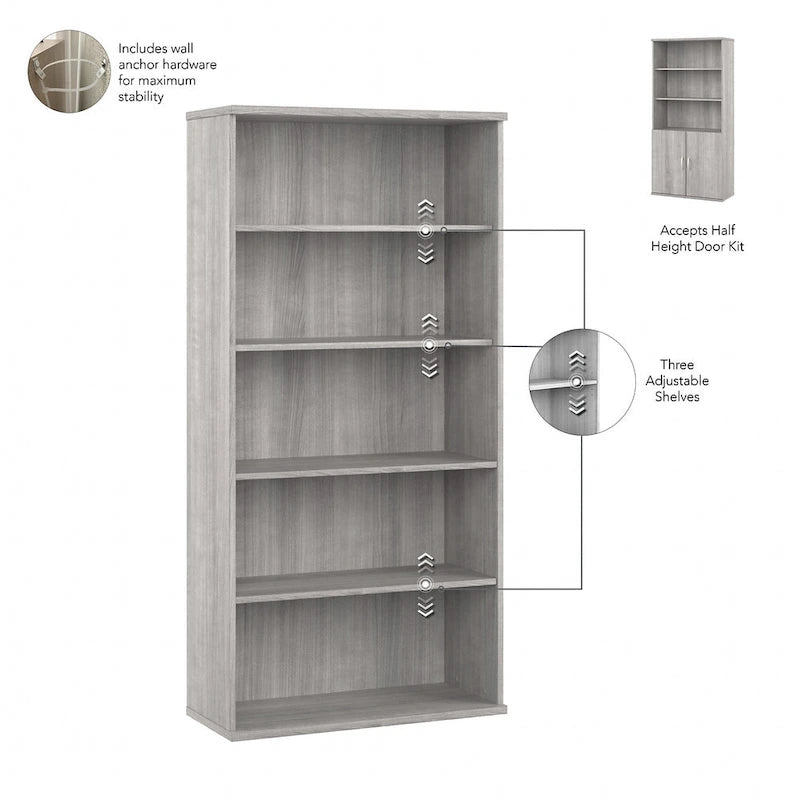 Bibliothèque haute à 5 étagères, hickory moderne/gris platine/noyer noir/gris orage/blanc, 1 personne