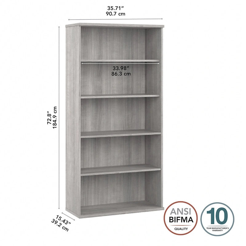 Bibliothèque haute à 5 étagères, hickory moderne/gris platine/noyer noir/gris orage/blanc, 1 personne
