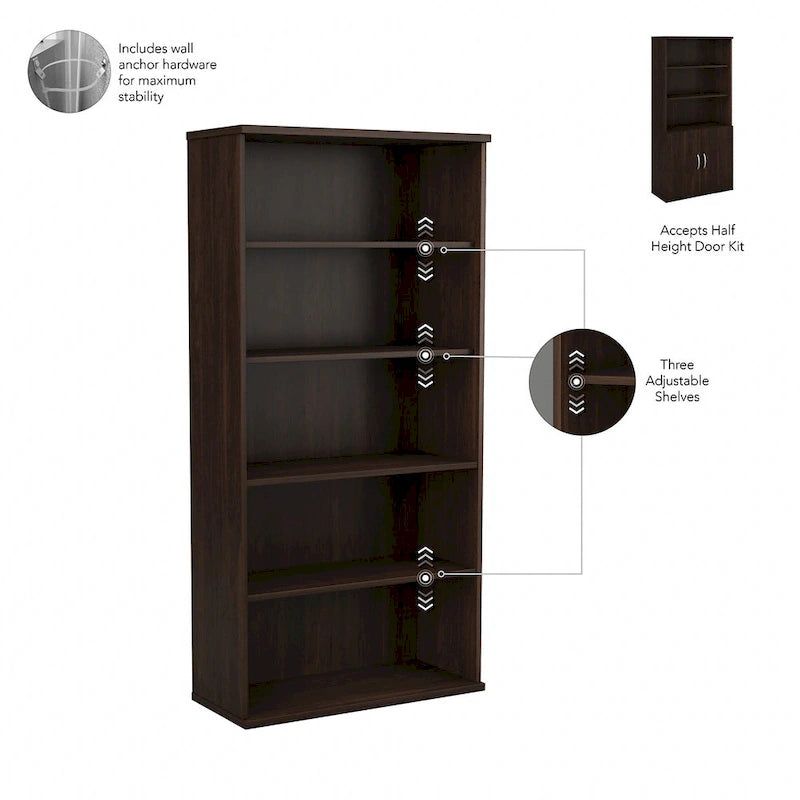 Bibliothèque haute à 5 étagères, hickory moderne/gris platine/noyer noir/gris orage/blanc, 1 personne