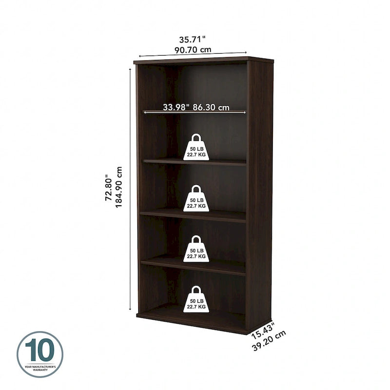 Bibliothèque haute à 5 étagères, hickory moderne/gris platine/noyer noir/gris orage/blanc, 1 personne