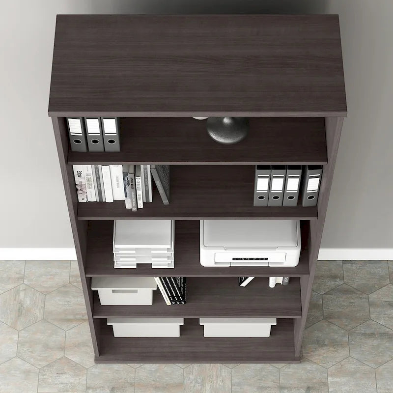 Bibliothèque haute à 5 étagères, hickory moderne/gris platine/noyer noir/gris orage/blanc, 1 personne