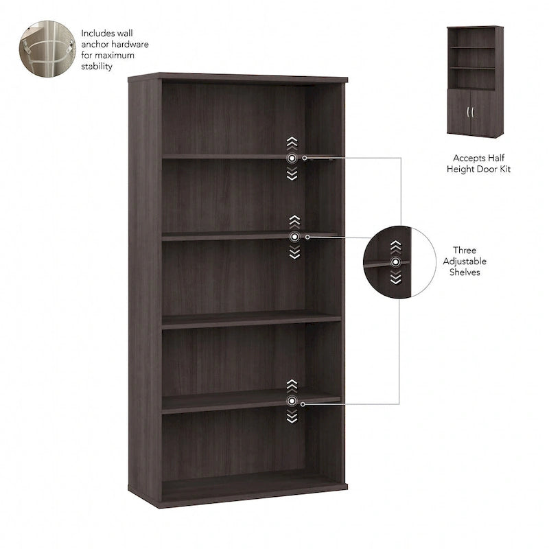 Bibliothèque haute à 5 étagères, hickory moderne/gris platine/noyer noir/gris orage/blanc, 1 personne