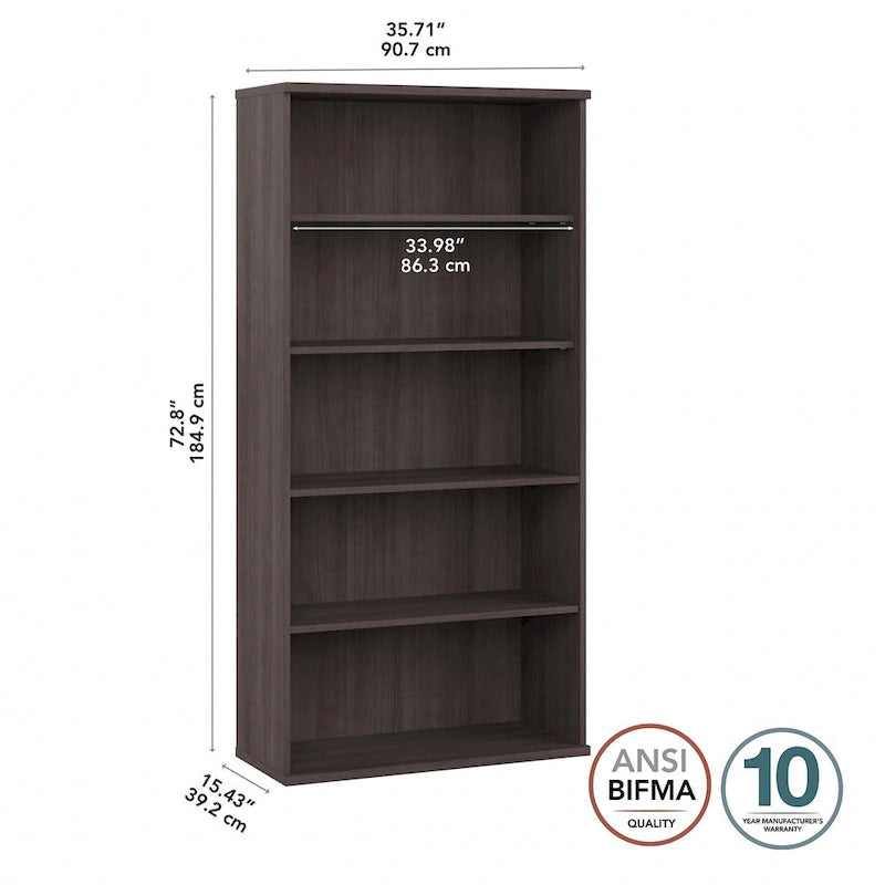 Bibliothèque haute à 5 étagères, hickory moderne/gris platine/noyer noir/gris orage/blanc, 1 personne