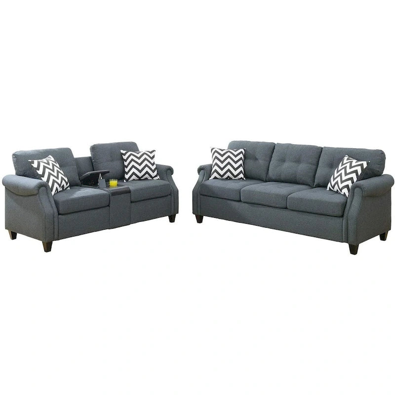 Ensemble 2 pièces canapé et causeuse – Café clair / Gris bleu / Café foncé, console USB