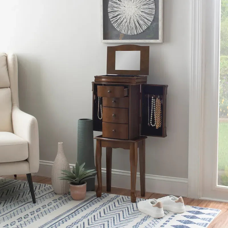 Armoire à bijoux sur pied avec miroir, en noyer, pour 1 personne
