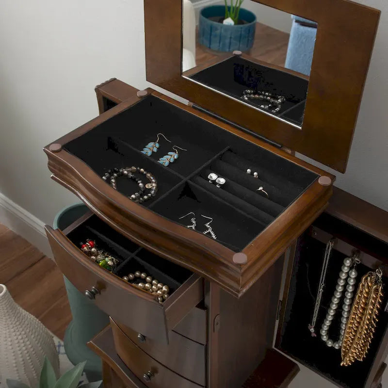 Armoire à bijoux sur pied avec miroir, en noyer, pour 1 personne