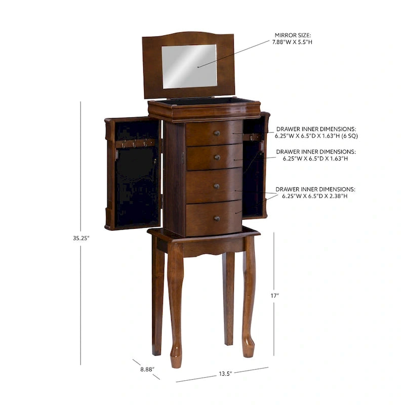 Armoire à bijoux sur pied avec miroir, en noyer, pour 1 personne
