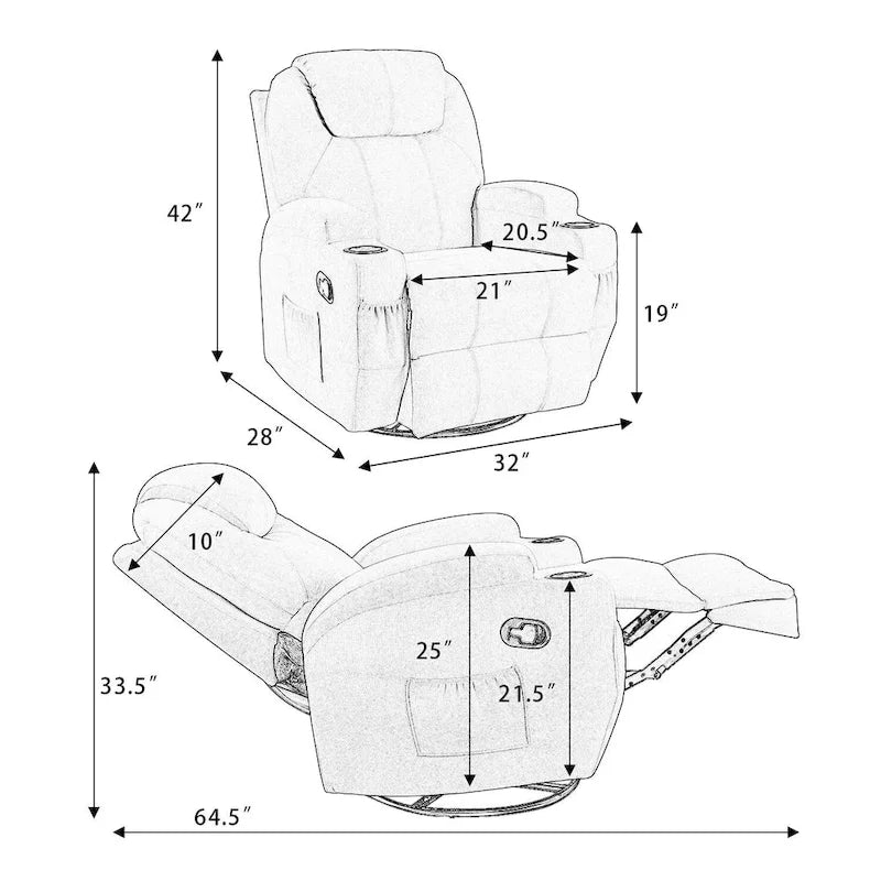 Fauteuil inclinable massant pivotant, tissu, une place – Marron / Beige / Gris