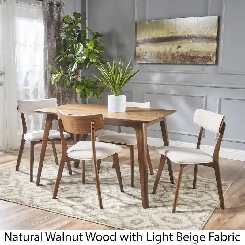 Ensemble de salle à manger rectangulaire Mid-Century, Bois naturel et multicolore, 5 pièces (4 places)