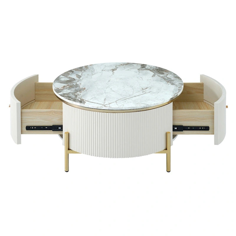 Table basse ronde blanc cassé / noire avec 2 tiroirs