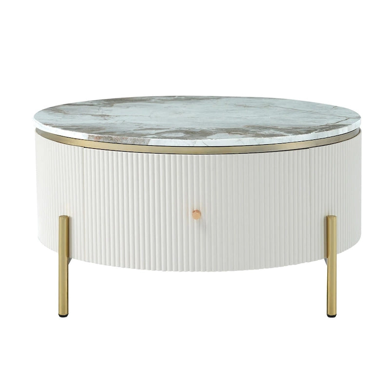 Table basse ronde blanc cassé / noire avec 2 tiroirs