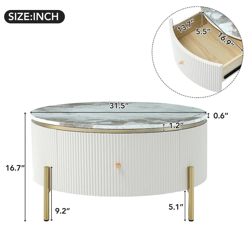 Table basse ronde blanc cassé / noire avec 2 tiroirs