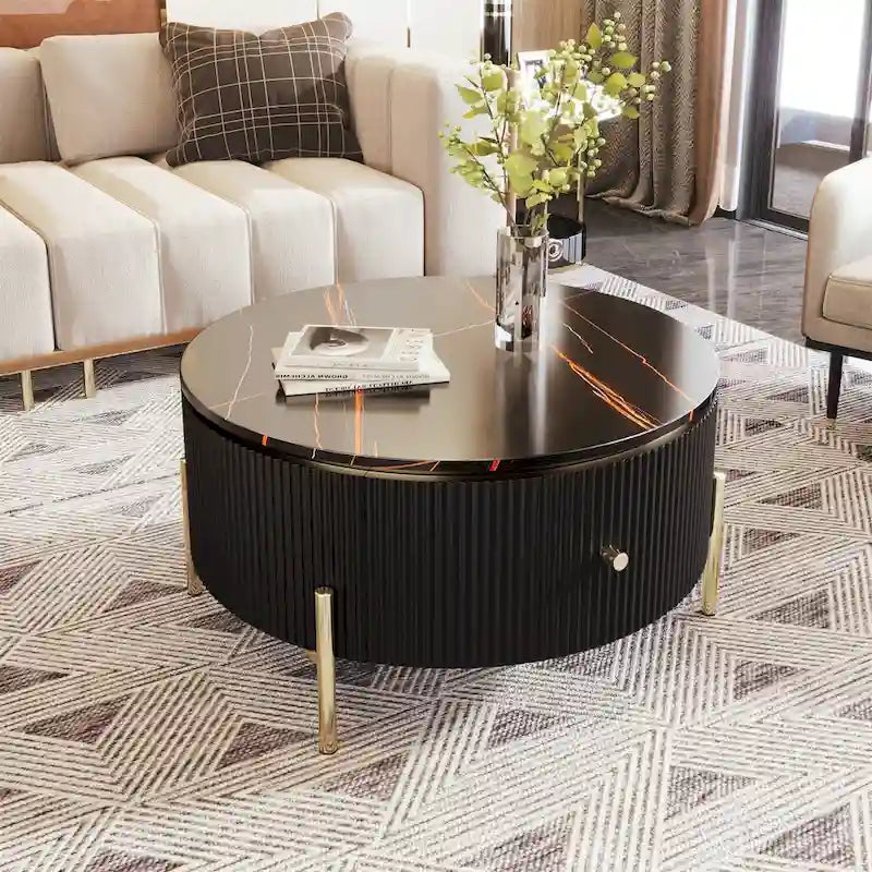 Table basse ronde blanc cassé / noire avec 2 tiroirs