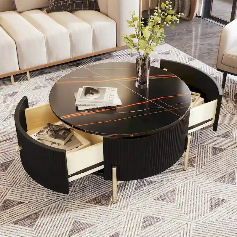 Table basse ronde blanc cassé / noire avec 2 tiroirs