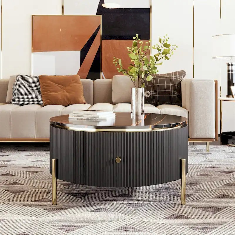 Table basse ronde blanc cassé / noire avec 2 tiroirs