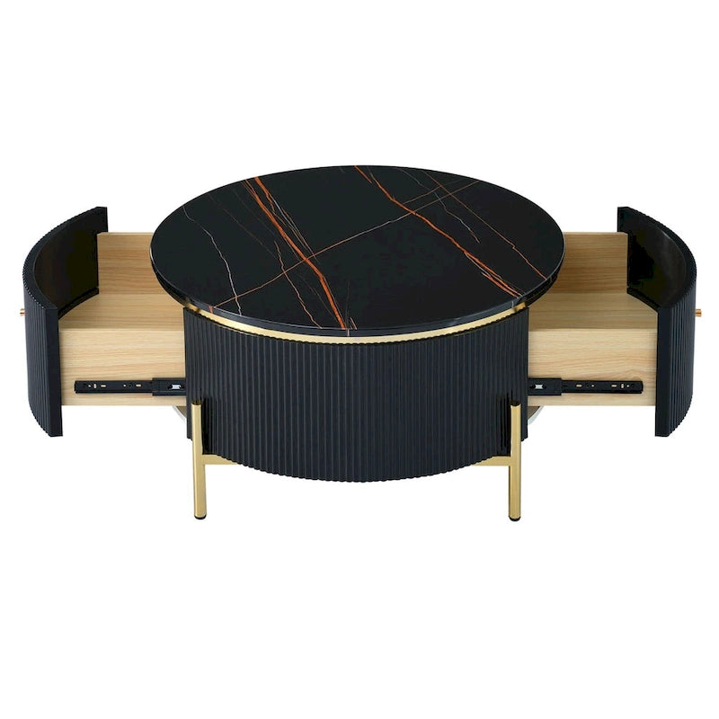 Table basse ronde blanc cassé / noire avec 2 tiroirs