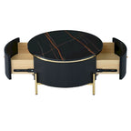 Table basse ronde blanc cassé / noire avec 2 tiroirs
