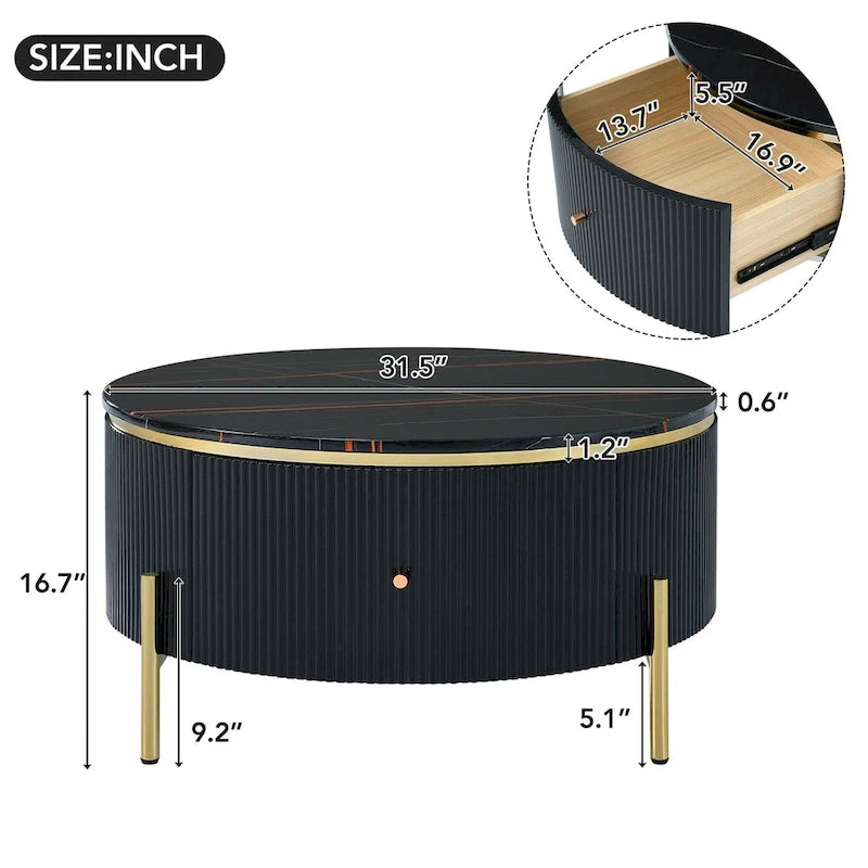 Table basse ronde blanc cassé / noire avec 2 tiroirs