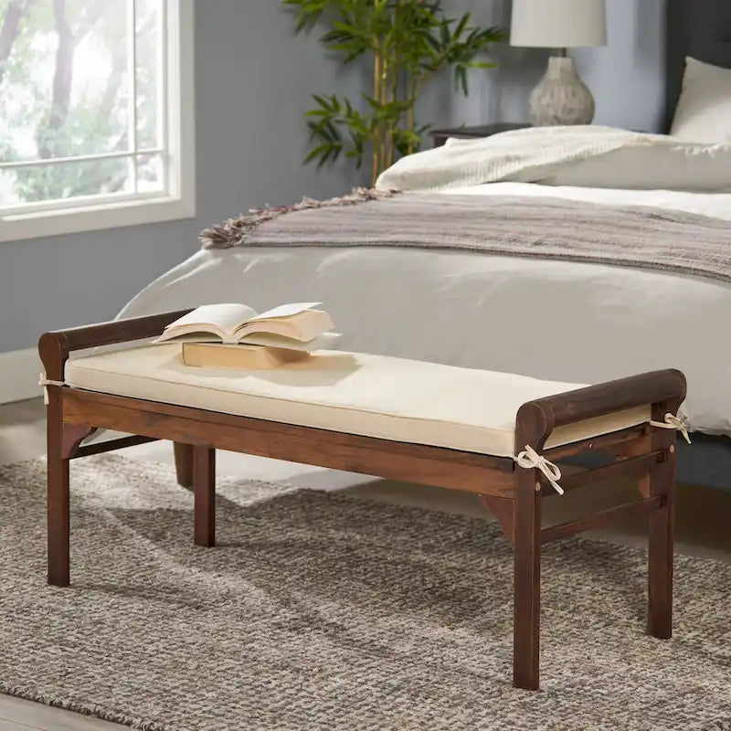 Banc à lattes en bois d'acacia acajou/gris et crème avec coussin, 1 place