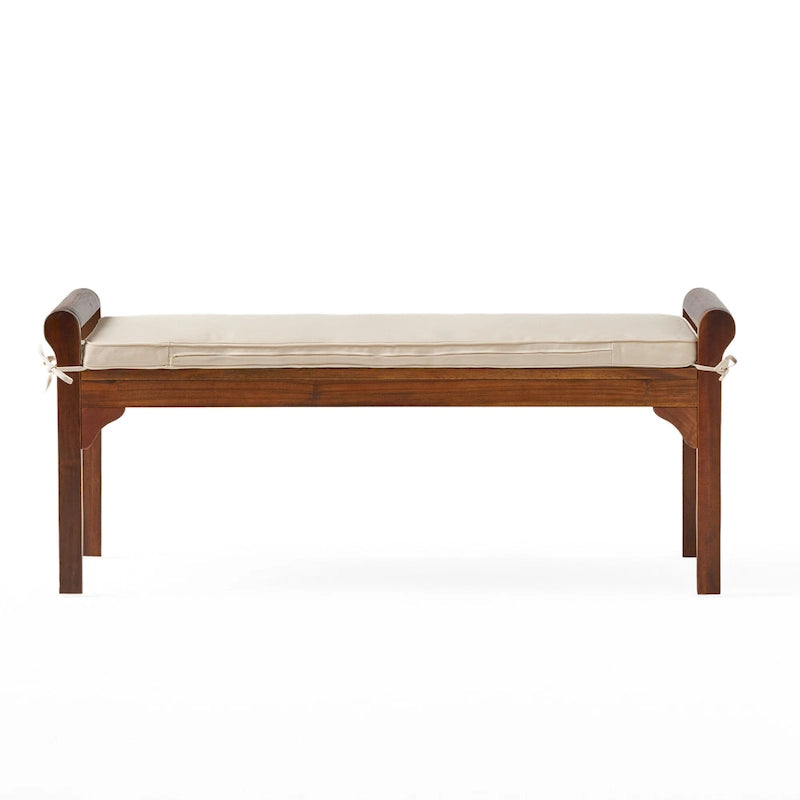 Banc à lattes en bois d'acacia acajou/gris et crème avec coussin, 1 place