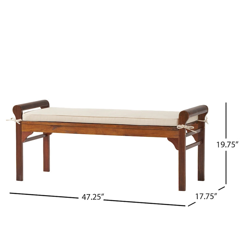 Banc à lattes en bois d'acacia acajou/gris et crème avec coussin, 1 place