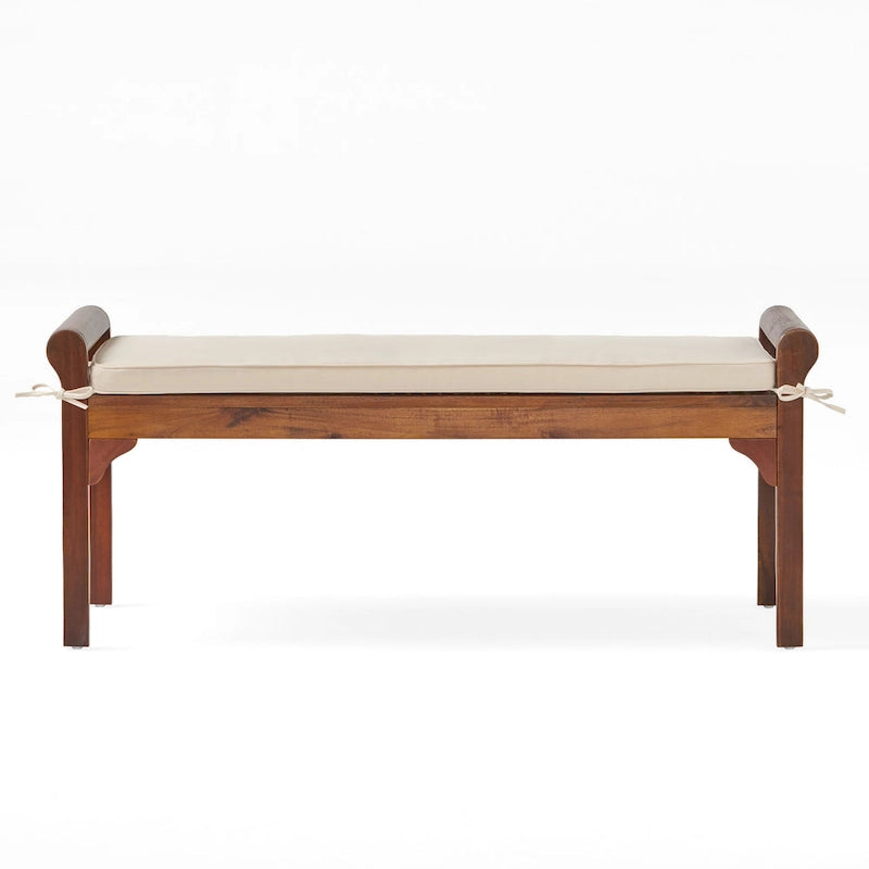Banc à lattes en bois d'acacia acajou/gris et crème avec coussin, 1 place