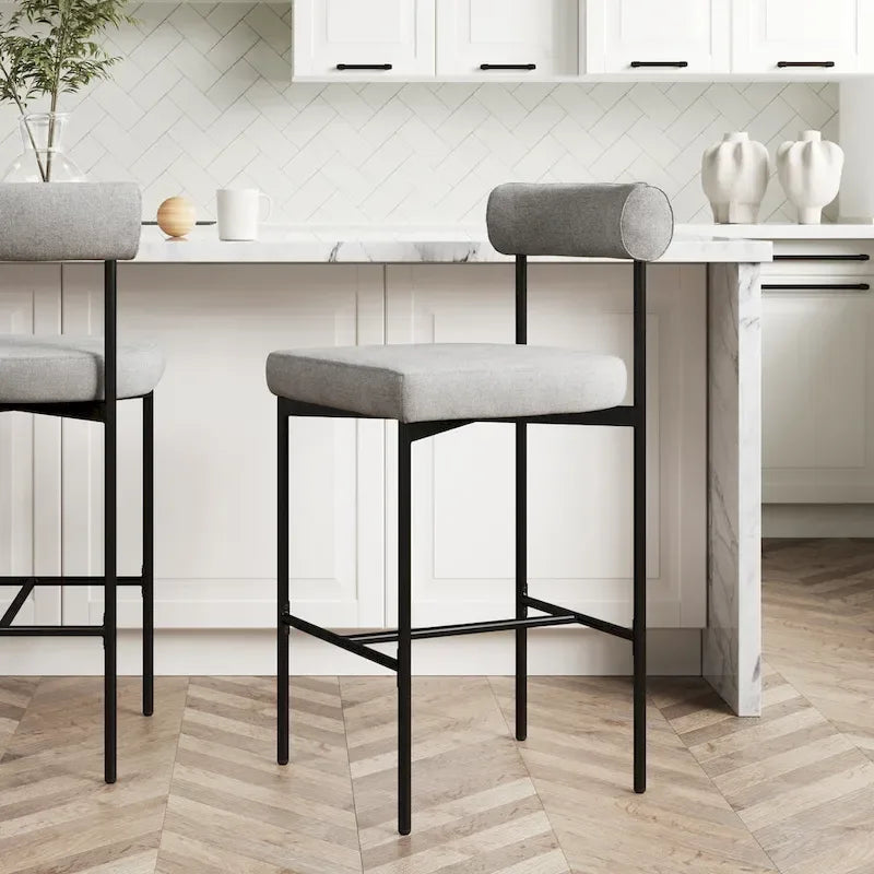 Tabouret de bar et chaise de salle à manger en métal mi-siècle Boucle marron/gris clair/or/crème avec dossier rembourré – De l'unité au lot de 6