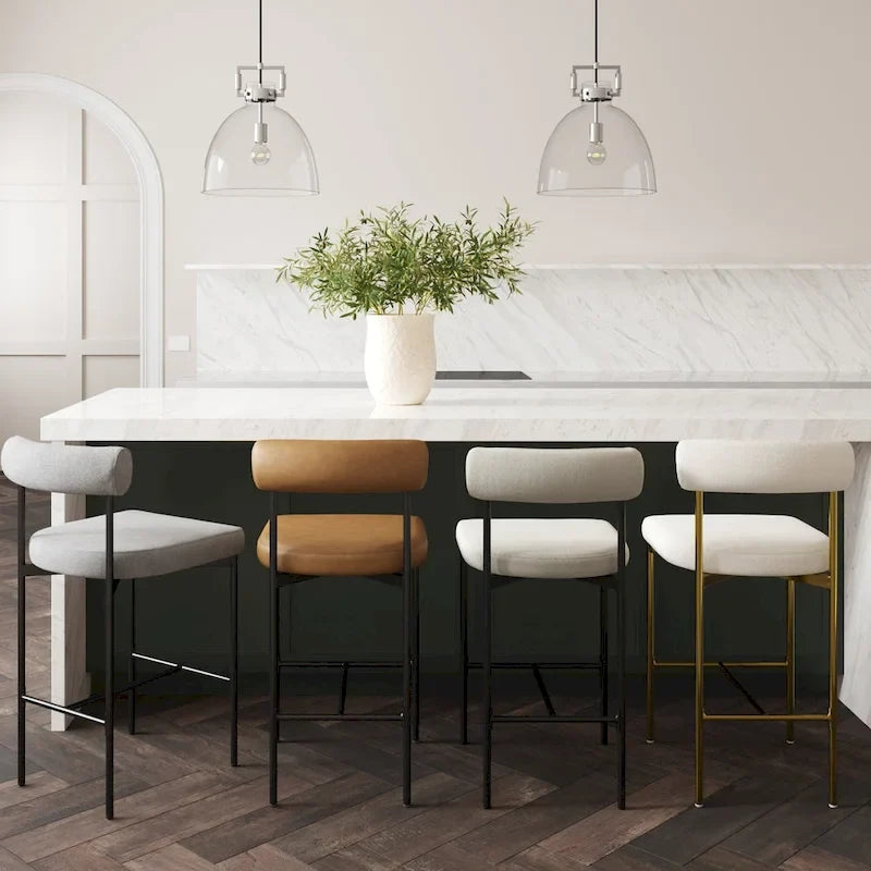 Tabouret de bar et chaise de salle à manger en métal mi-siècle Boucle marron/gris clair/or/crème avec dossier rembourré – De l'unité au lot de 6