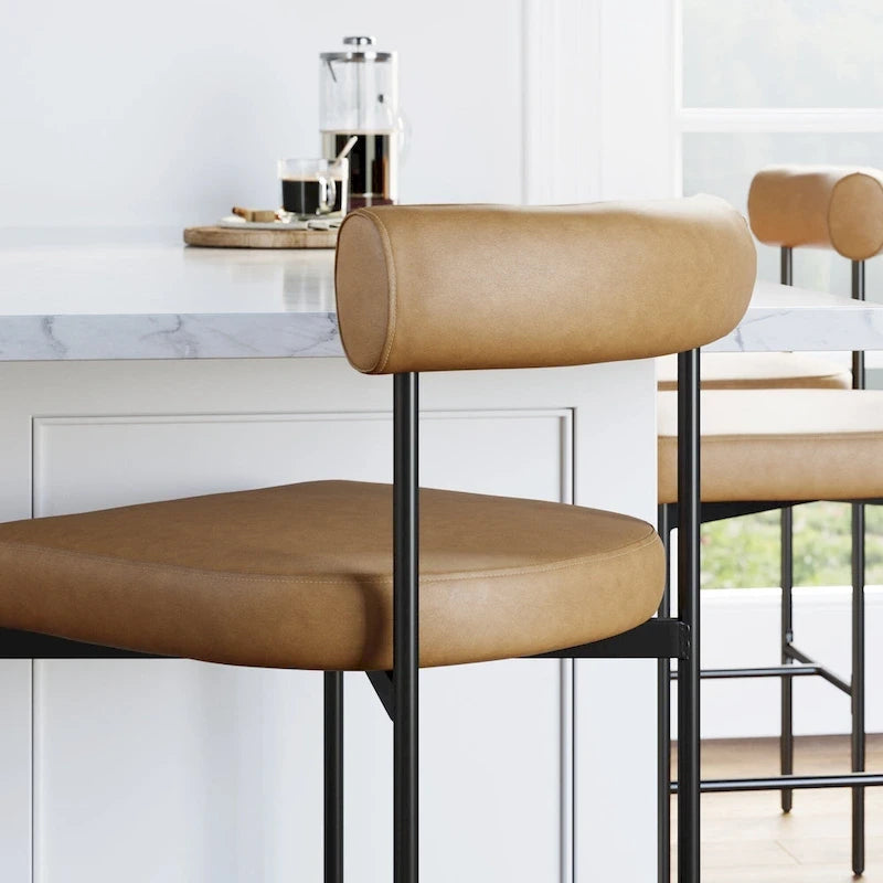 Tabouret de bar et chaise de salle à manger en métal mi-siècle Boucle marron/gris clair/or/crème avec dossier rembourré – De l'unité au lot de 6