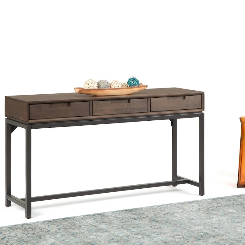 Console industrielle de style Mid-Century en bois marron noyer avec plateau et 3 tiroirs – 54" de large, 1 pièce