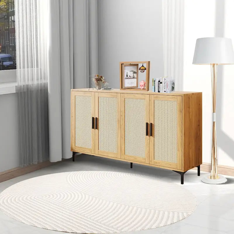 Buffet en rotin bois et noir à 4 portes, style Mid-Century, montage par 1 personne